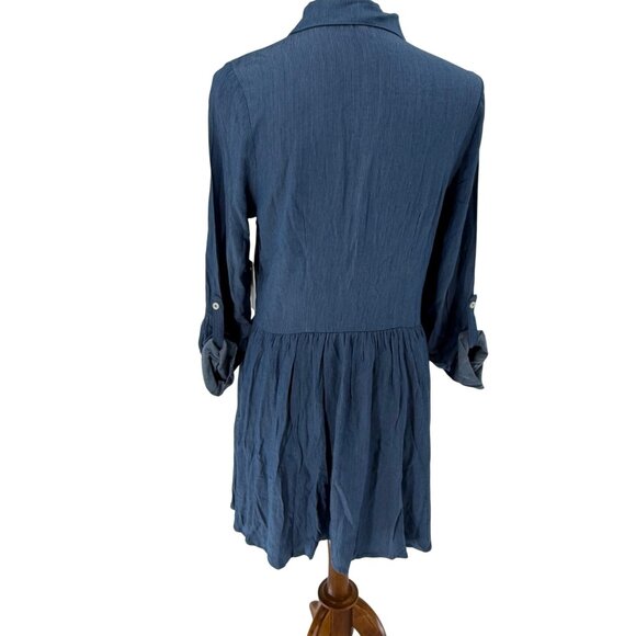 Color Thread Blue Button-Up Tunic Dress W/ Pleated Waist & Rolled Tab Sleeves, S - Picture 3 of 9